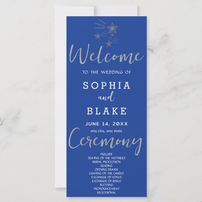 Silver Shooting Stars Dark Blue Wedding Program (Front)
