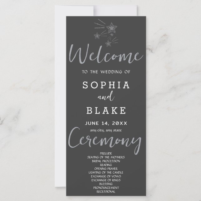Silver Shooting Stars Gray Wedding Program (Front)