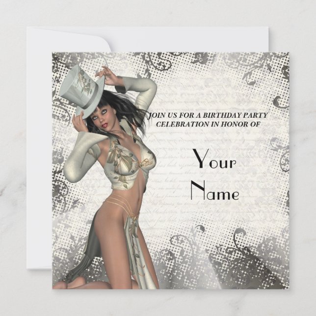 Silver showgirl birthday party invitation (Front)