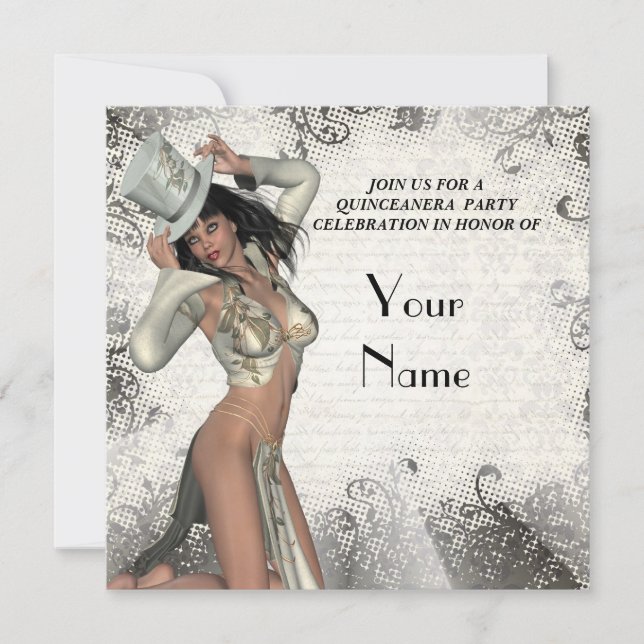 Silver showgirl  quinceanera party invitation (Front)
