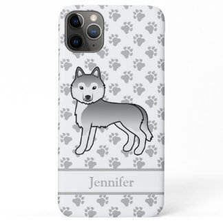 Silver Siberian Husky Cartoon Dog &amp; Name iPhone 11 Pro Max Case