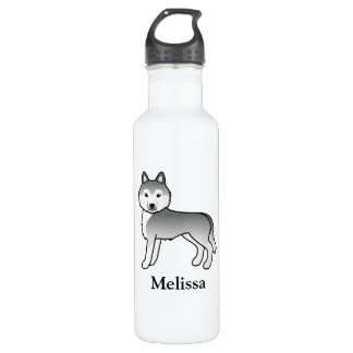 Silver Siberian Husky Cartoon Dog &amp; Name Stainless Steel Water Bottle