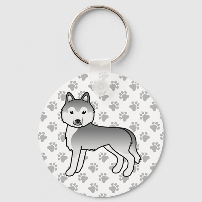 Silver Siberian Husky Cartoon Dog & Paws Keychain (Front)