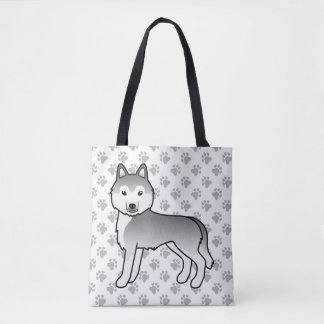 Silver Siberian Husky Cartoon Dog &amp; Paws Tote Bag