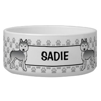 Silver Siberian Husky Cartoon Dogs With Pet's Name Bowl
