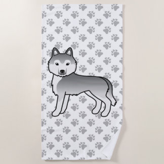 Silver Siberian Husky Cute Cartoon Dog Beach Towel
