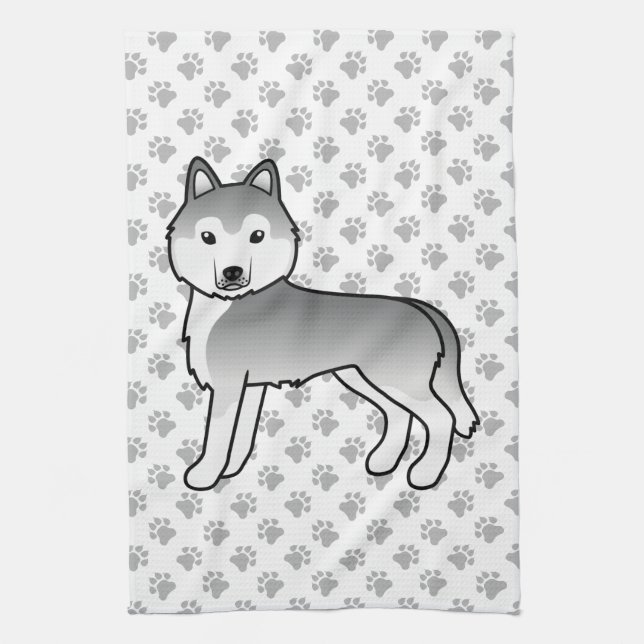 Silver Siberian Husky Cute Cartoon Dog Kitchen Towel (Vertical)