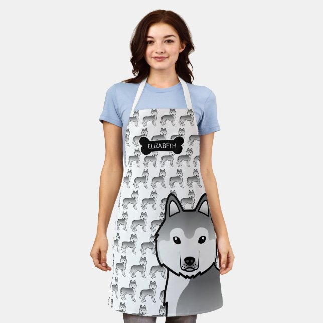 Silver Siberian Husky Cute Cartoon Dog & Name Apron (Worn)