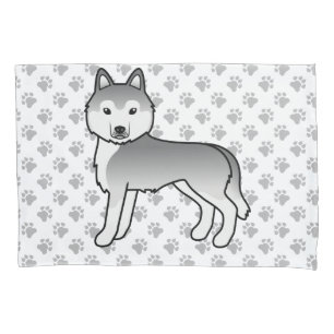 Silver Siberian Husky Cute Dog & Paws Pillow Case