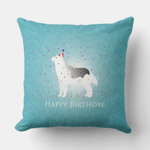 Silver Siberian Husky Dog Happy Birthday Design Throw Pillow