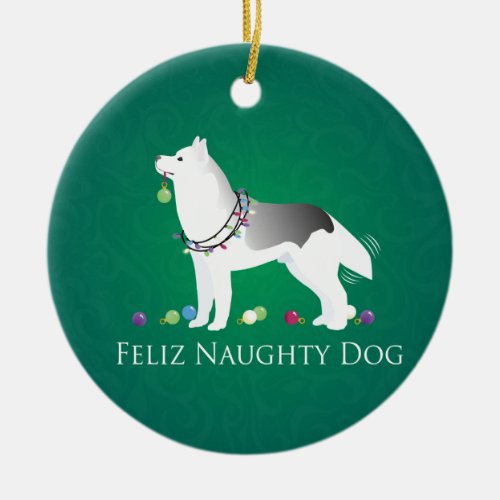 Silver Siberian Husky Feliz Naughty Dog Christmas Ceramic Ornament