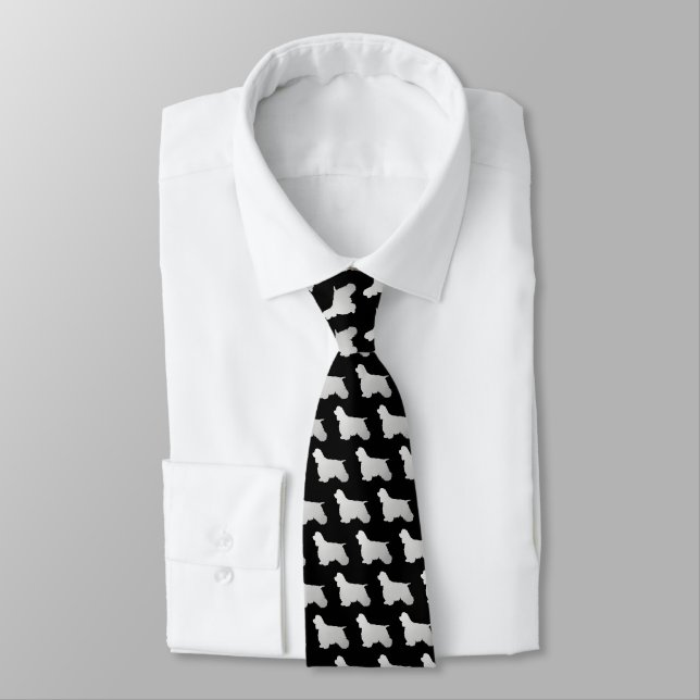 Silver Silhouette Cocker Spaniel Dog on Black Neck Tie (Tied)
