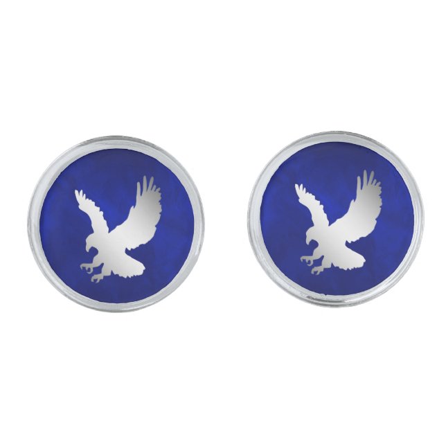 Silver Silhouette Eagle on Royal Blue Cufflinks (Front)
