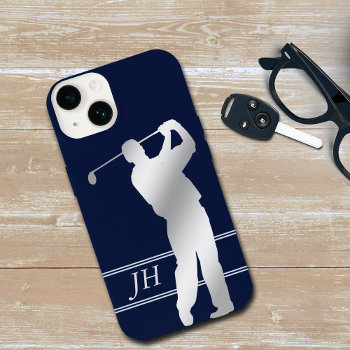 Silver Silhouette Golfer Monogram Case-mate Iphone 14 Case by MegaCase at Zazzle