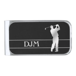 Silver Silhouette Golfer Monogram Silver Finish Money Clip