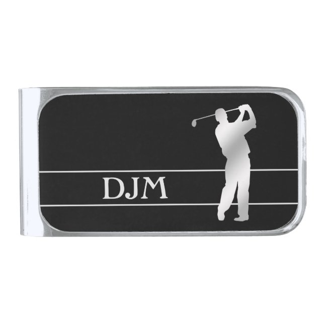 Silver Silhouette Golfer Monogram Silver Finish Money Clip (Front)