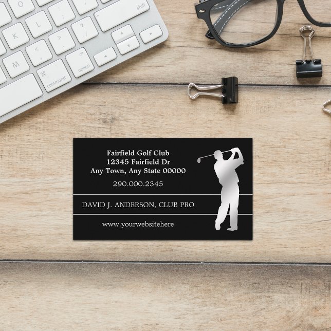 Silver Silhouette Golfer on Black Business Card (Creator Uploaded)