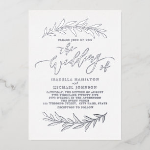 Silver simple calligraphy rustic foliage wedding foil invitation