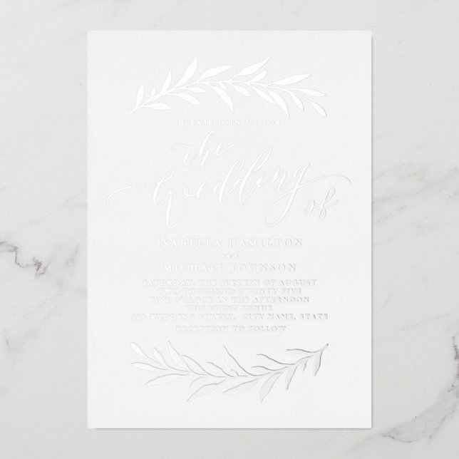 Silver simple calligraphy rustic foliage wedding foil invitation (Front)