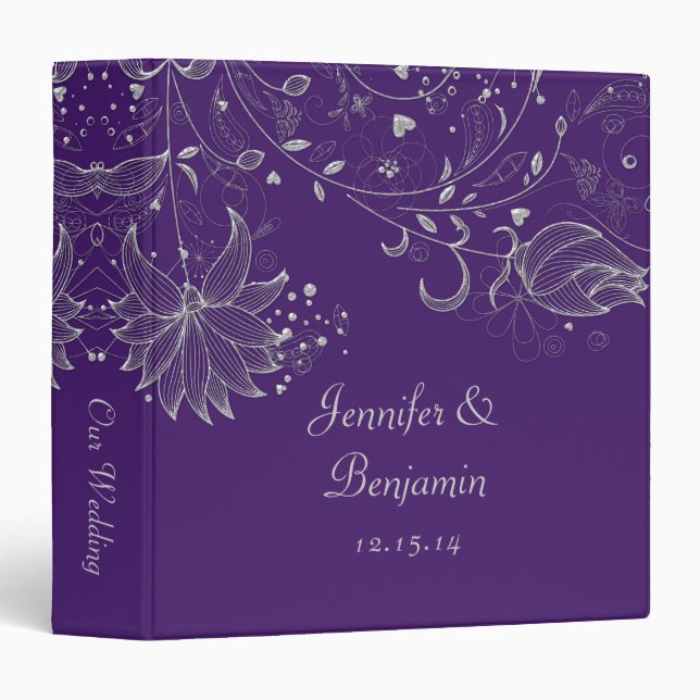 Silver Sketched Flowers on Dark Purple Photo Album Binder (Front/Spine)