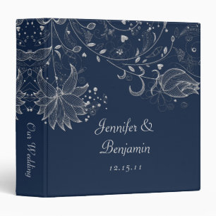Silver Sketched Flowers on Navy Wedding Album Binder