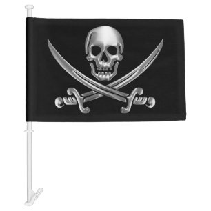 Silver Skull and Crossed Swords Car Flag