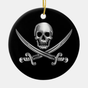 Silver Skull and Crossed Swords Ceramic Ornament