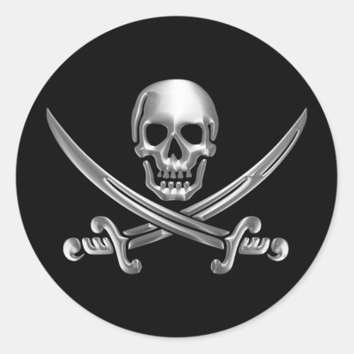 Silver Skull and Crossed Swords Classic Round Sticker