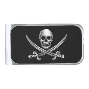 Silver Skull and Crossed Swords Finish Money Clip