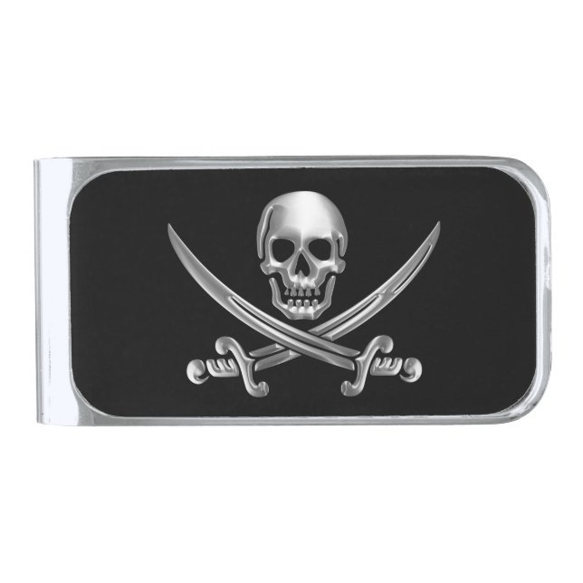 Silver Skull and Crossed Swords Silver Finish Money Clip (Front)