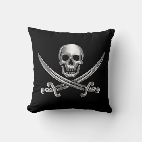 Silver Skull and Crossed Swords Throw Pillow