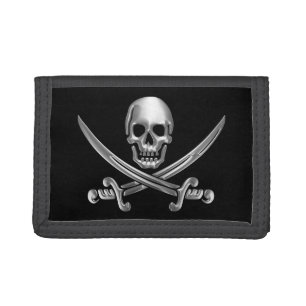 Silver Skull and Crossed Swords Tri-fold Wallet