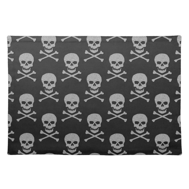 Silver Skull & Crossbones Halloween Cloth Placemat (Front)