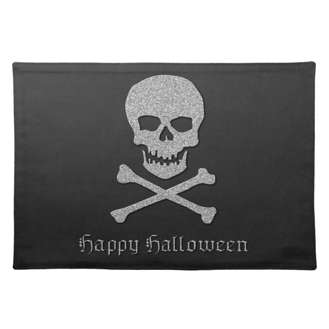 Silver Skull & Crossbones Halloween Cloth Placemat (Front)