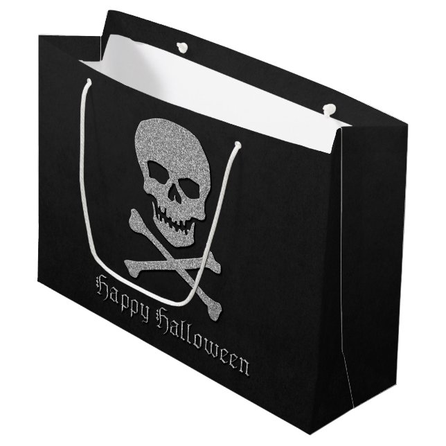 Silver Skull & Crossbones Halloween Large Gift Bag (Front Angled)