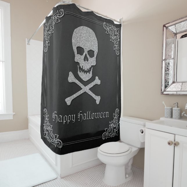 Silver Skull & Crossbones Halloween Shower Curtain (In Situ)