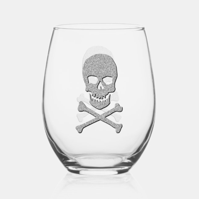 Silver Skull & Crossbones Halloween Stemless Wine Glass (Front)