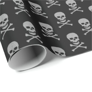 Silver Skull & Crossbones Halloween Wrapping Paper