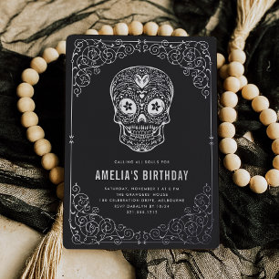 Silver Skull Dia de los Muertos Birthday Party Foil Invitation