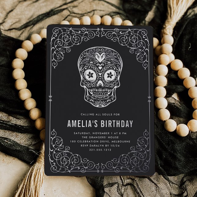 Silver Skull Dia de los Muertos Birthday Party Foil Invitation (Creator Uploaded)