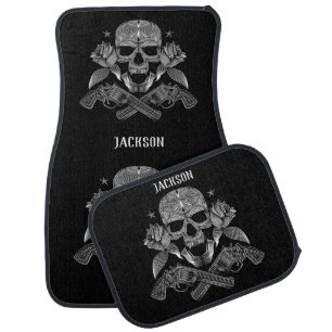 Silver Skull, Pistols and Roses Car Floor Mat