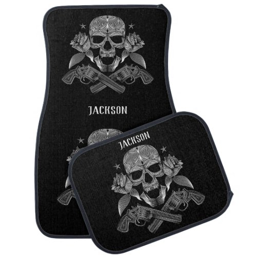 Silver Skull Pistols and Roses Car Floor Mat