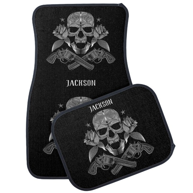 Silver Skull, Pistols and Roses Car Floor Mat (Set)