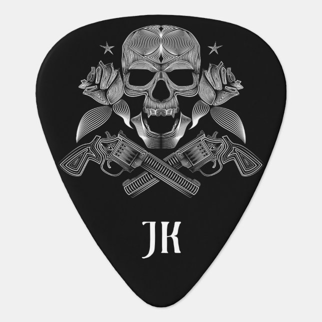 Silver Skull, Pistols and Roses Guitar Pick (Front)
