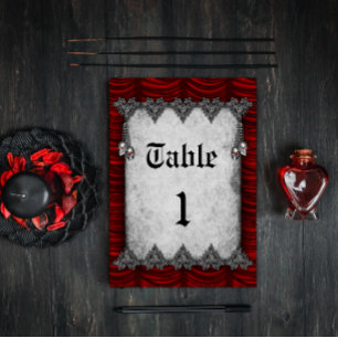 Silver Skulls Blood Red Silk Gothic Wedding Table Number