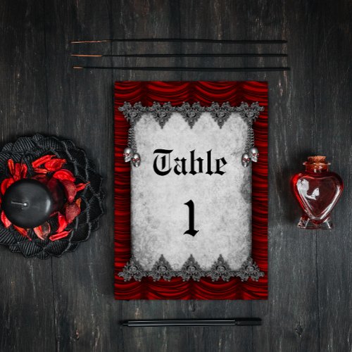 Silver Skulls Blood Red Silk Gothic Wedding Table Number