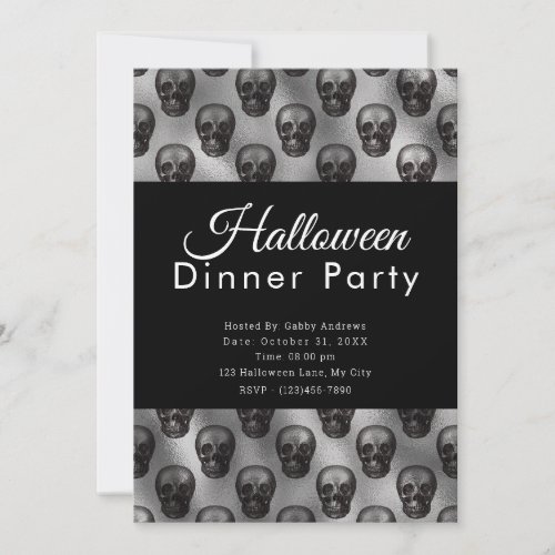 Silver Skulls Metal Silver Halloween Dinner Party Invitation