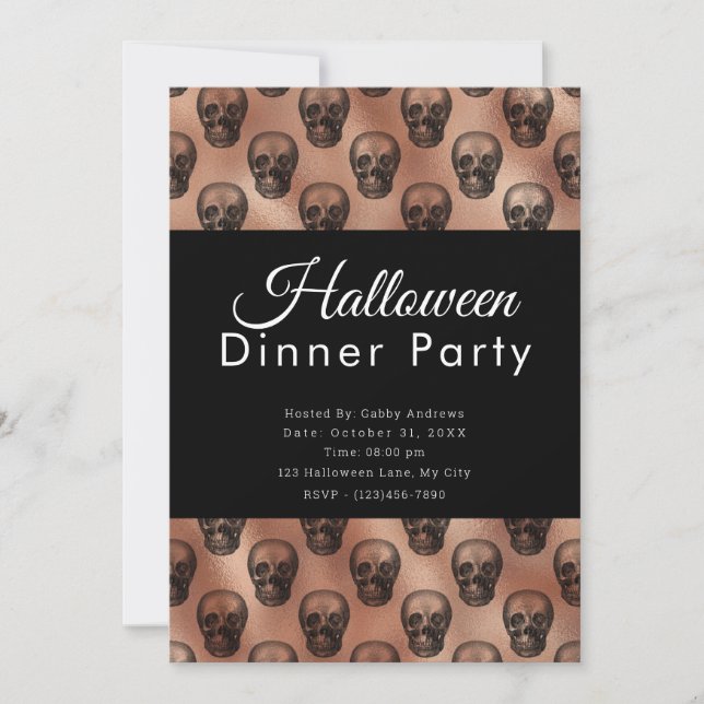 Silver Skulls Rose Gold Halloween Dinner Party Invitation (Front)