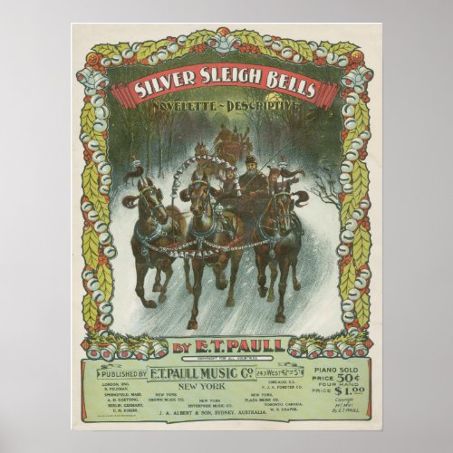 Silver Sleigh Bells Vintage Music Poster