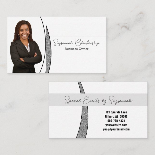Silver Sliver Faux Glitter Professional Photo  Business Card (Front/Back)